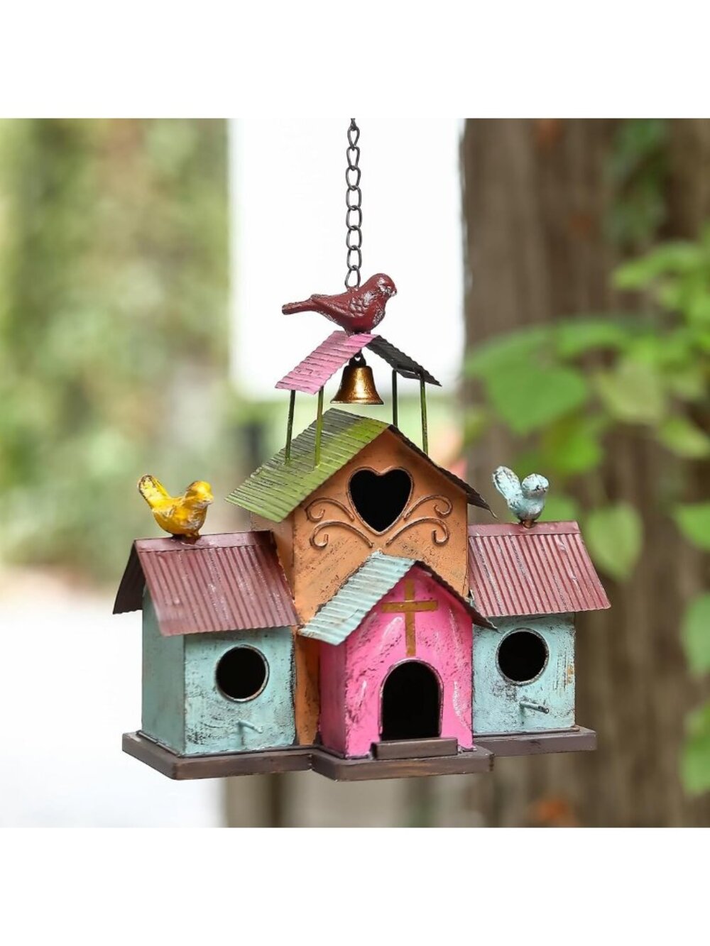 Colorful Large Outdoor Bird House, 4 Holes, Easy Clean, Hanging Metal Design